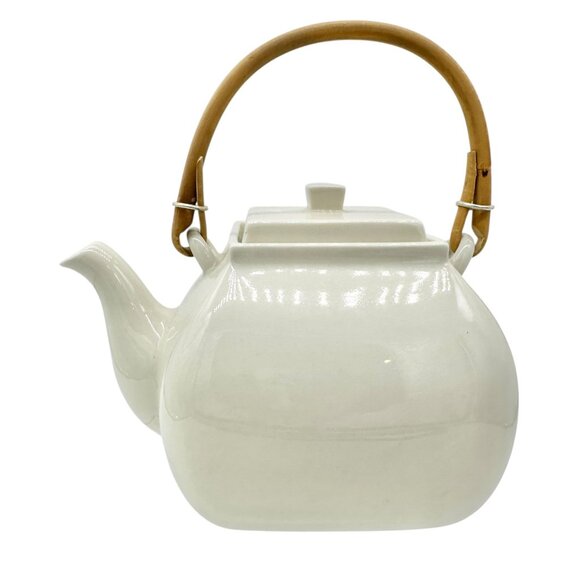 Pottery Barn Asian Square Teapot White Ceramic w Bamboo Handle Made In Japan - Picture 1 of 7
